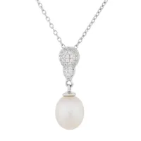 Sterling Silver Fancy Cubic Zirconia Cluster & 8-9mm Pearl Pendant