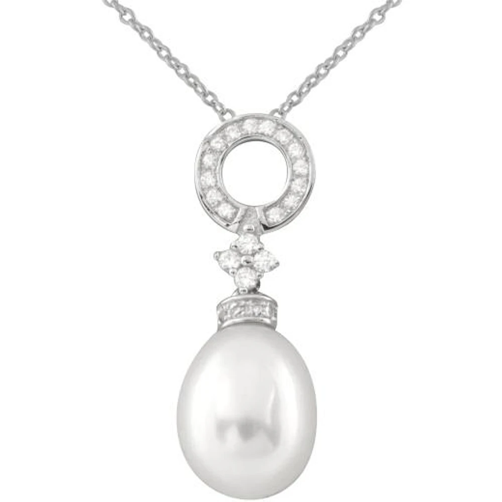 Sterling Silver Dangling CZ & 9-10mm Pearl Pendant