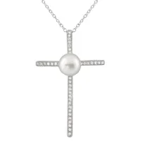 Sterling Silver Micropave Cubic Zirconia & 8-8.5mm Pearl Crucifix