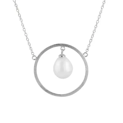Sterling Silver Brushed Finished 8-8.5mm Pearl Pendant