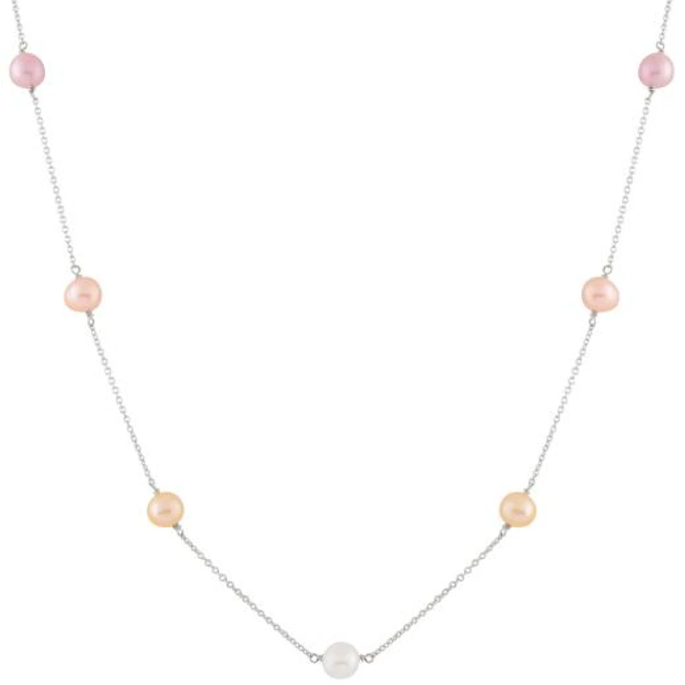 Sterling Silver 5 Stationed 7-8mm Pearl Necklace