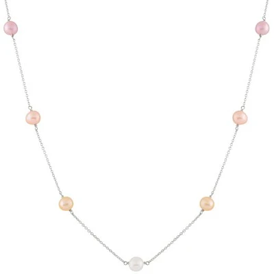 Sterling Silver 5 Stationed 7-8mm Pearl Necklace