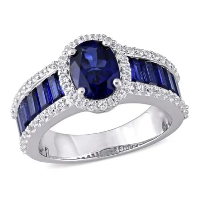 Julianna B Sterling Silver Created Blue and Created White Sapphire Halo Ring