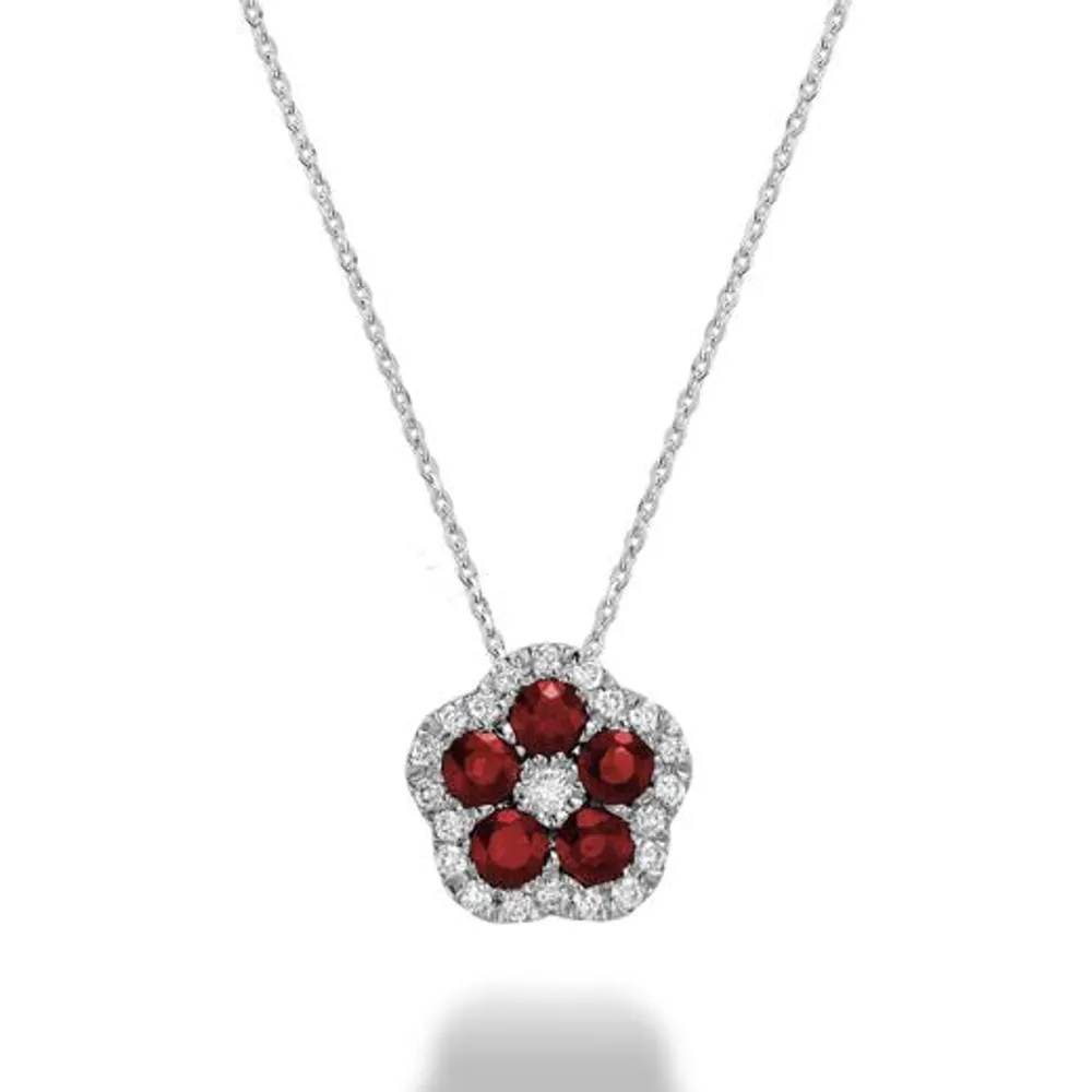 Les Bijoux 10K White Gold Ruby & 0.07ctw Diamond Flower Necklace