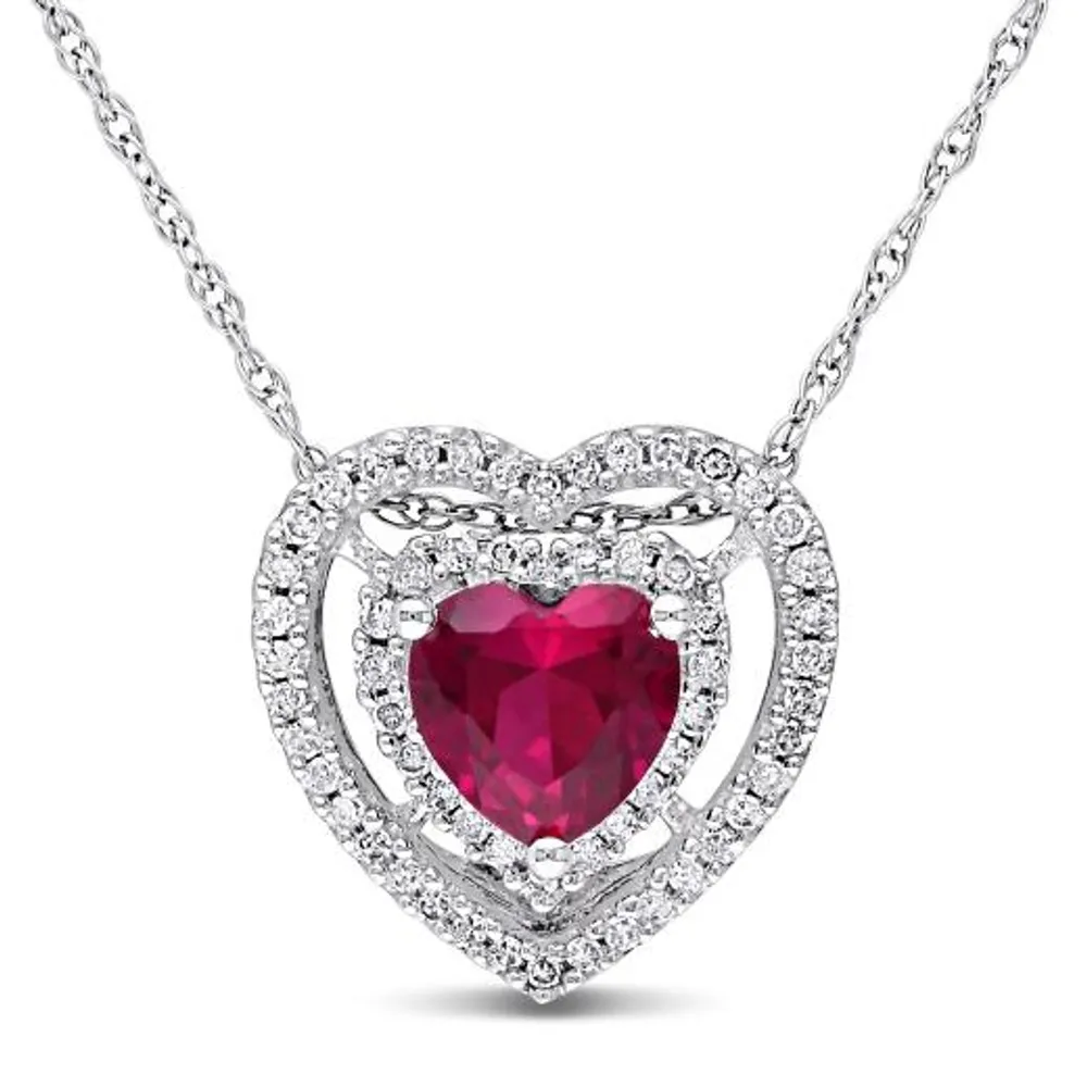 Julianna B 10k White Gold Created Ruby & 0.20CTW Diamond Pendant