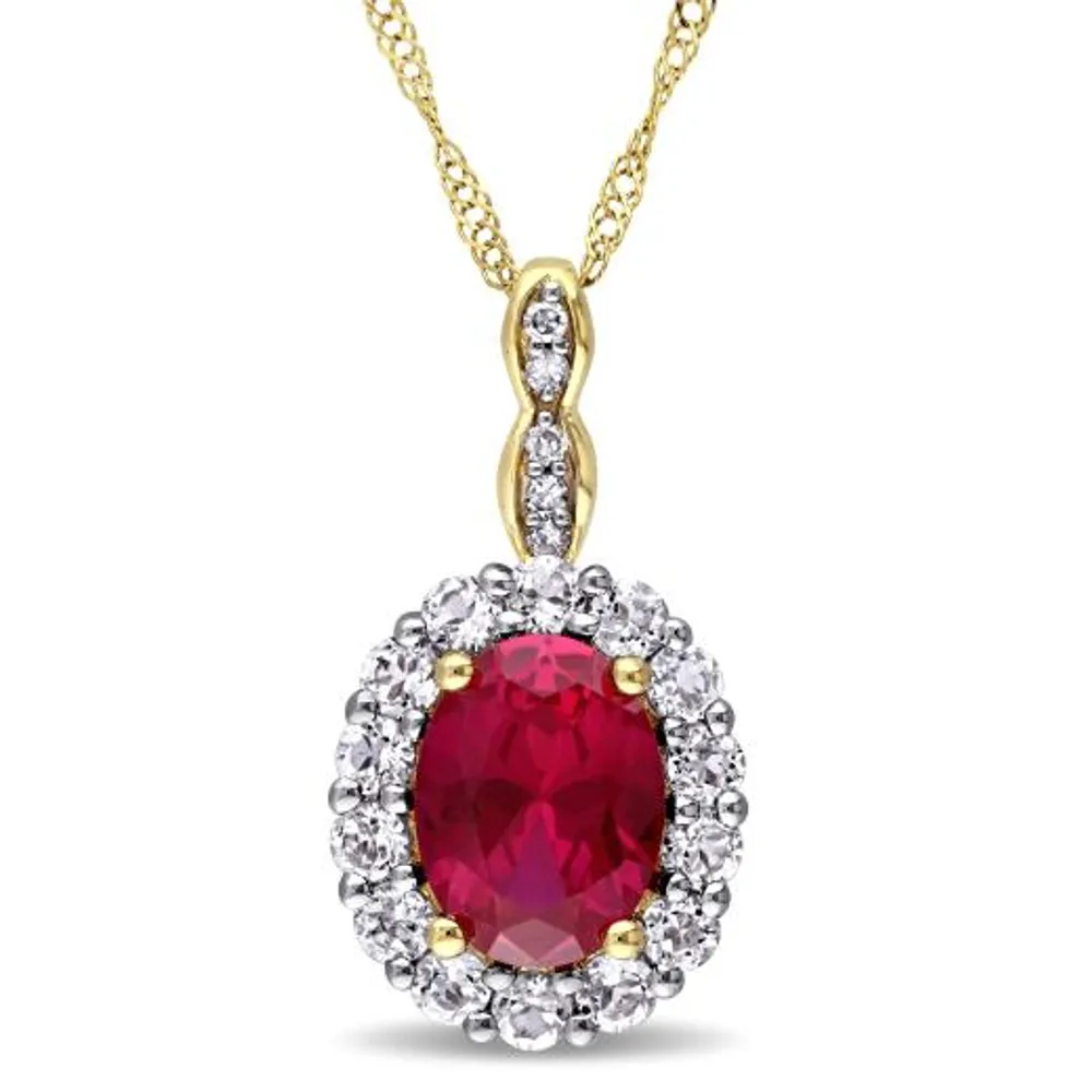 Julianna B 14k Yellow Gold Created Ruby, White Topaz & 0.03CTW Diamond Pendant