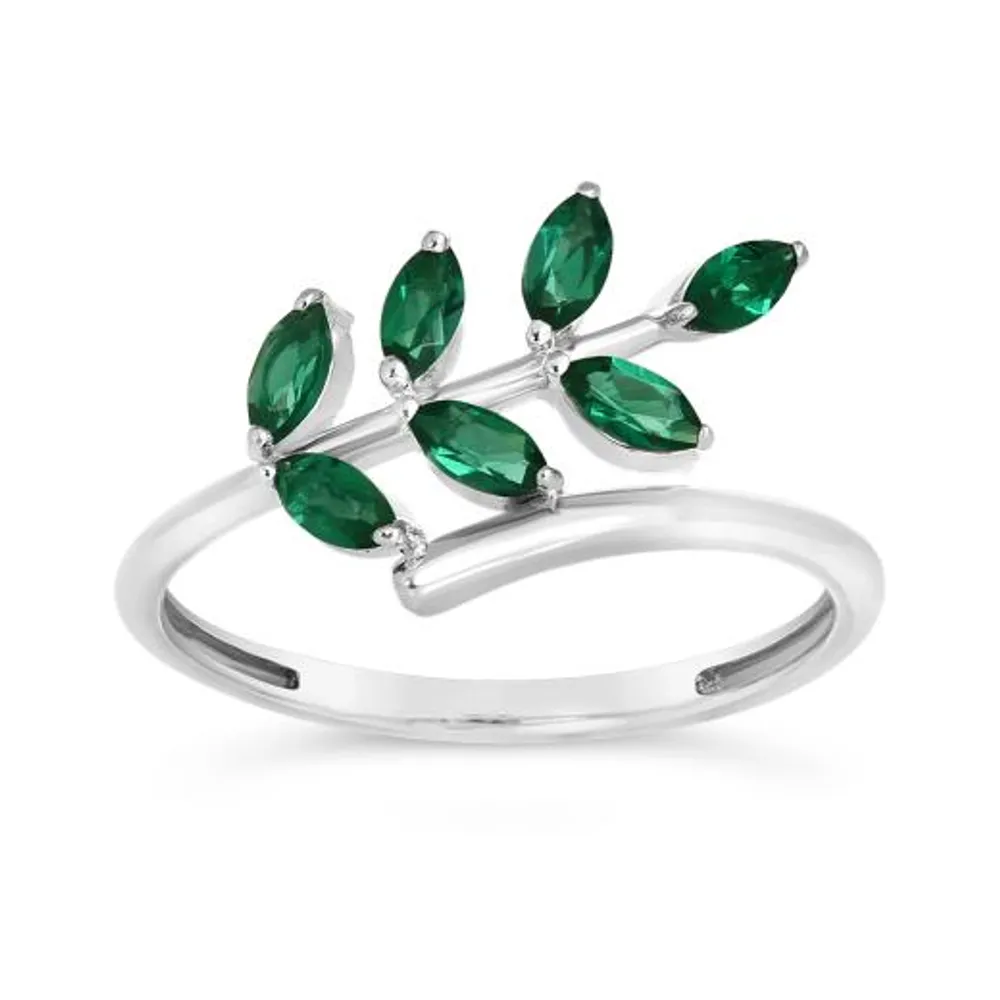 Sterling Silver Created Emerald Leaf Ring
