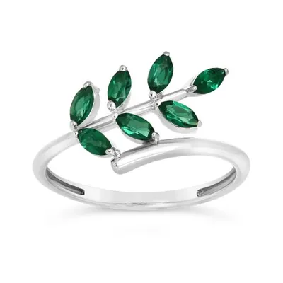 Sterling Silver Created Emerald Leaf Ring