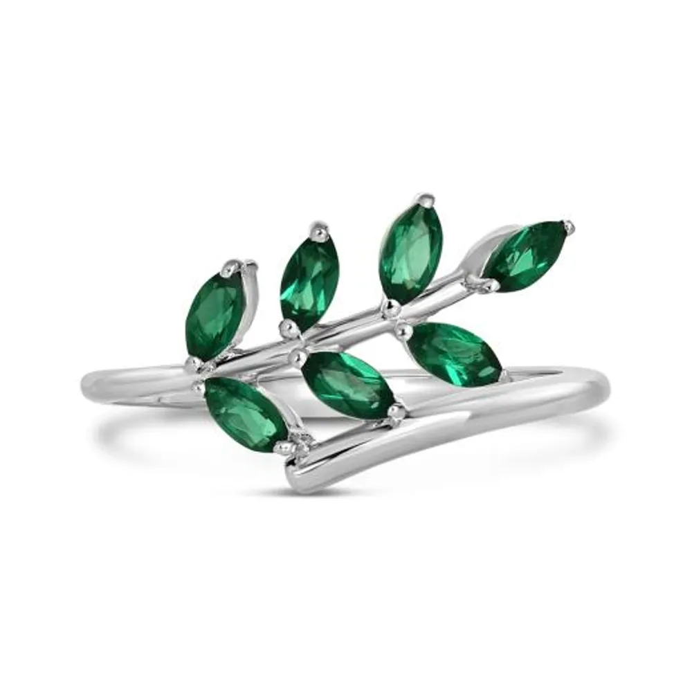 Sterling Silver Created Emerald Leaf Ring