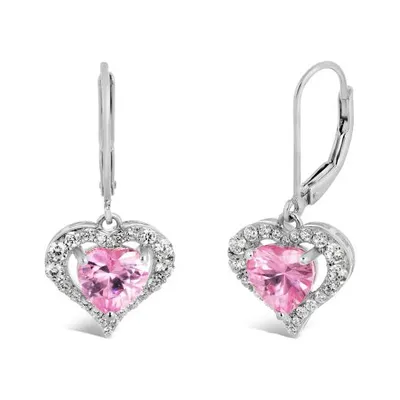 Sterling Silver Created Pink & Created White Sapphire Heart Earrings