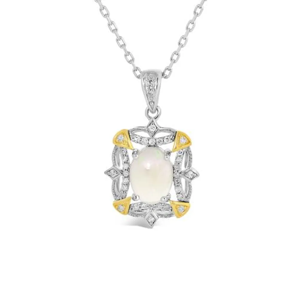 Sterling Silver 10K Yellow Gold Opal & 0.10CTW Diamond Pendant