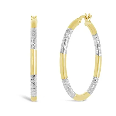 10K Yellow and White Gold 25mm Diamond Cut Band Hoop Earrings