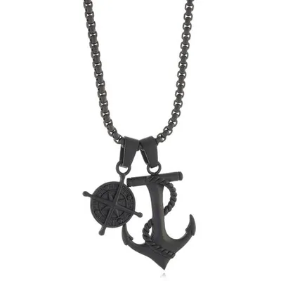 Stainless Steel Anchor Black Round Box Necklace