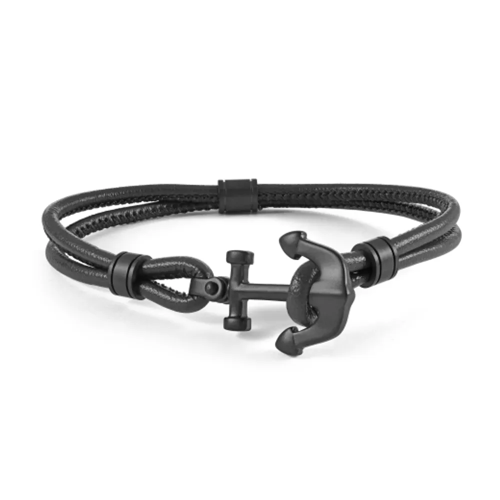 Stainless Steel Anchor Black Leather 8.2" Bracelet