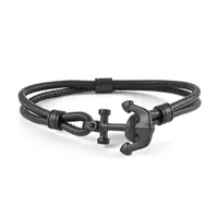 Stainless Steel Anchor Black Leather 8.2" Bracelet