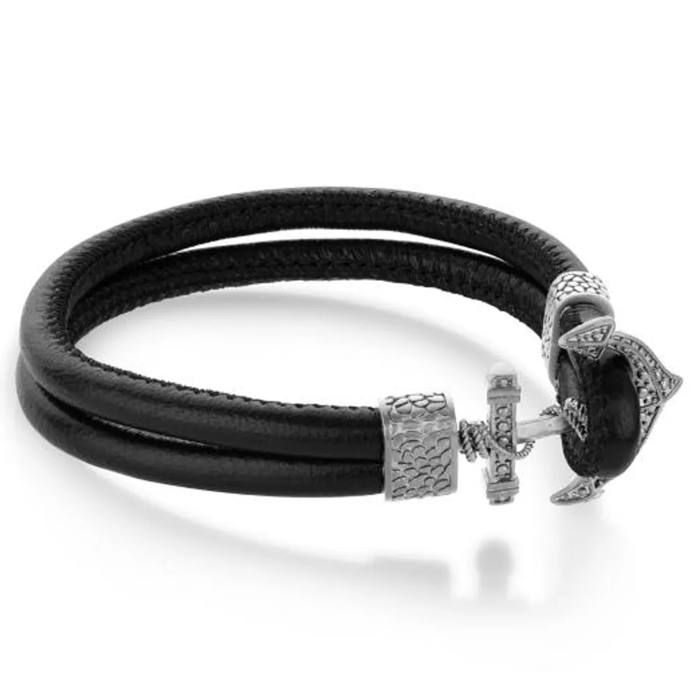 Stainless Steel Anchor Black Leather 8.2" Bracelet