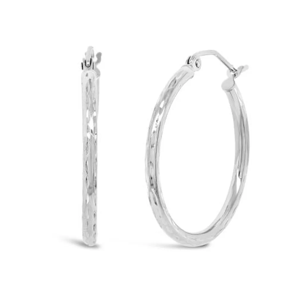 10K White Gold 2X20mm Diamond Cut Hoop Earrings