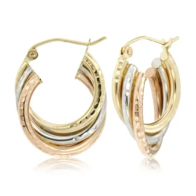 10K Tri-Colour Gold Diamond Cut Triple Tube Hoop Earrings
