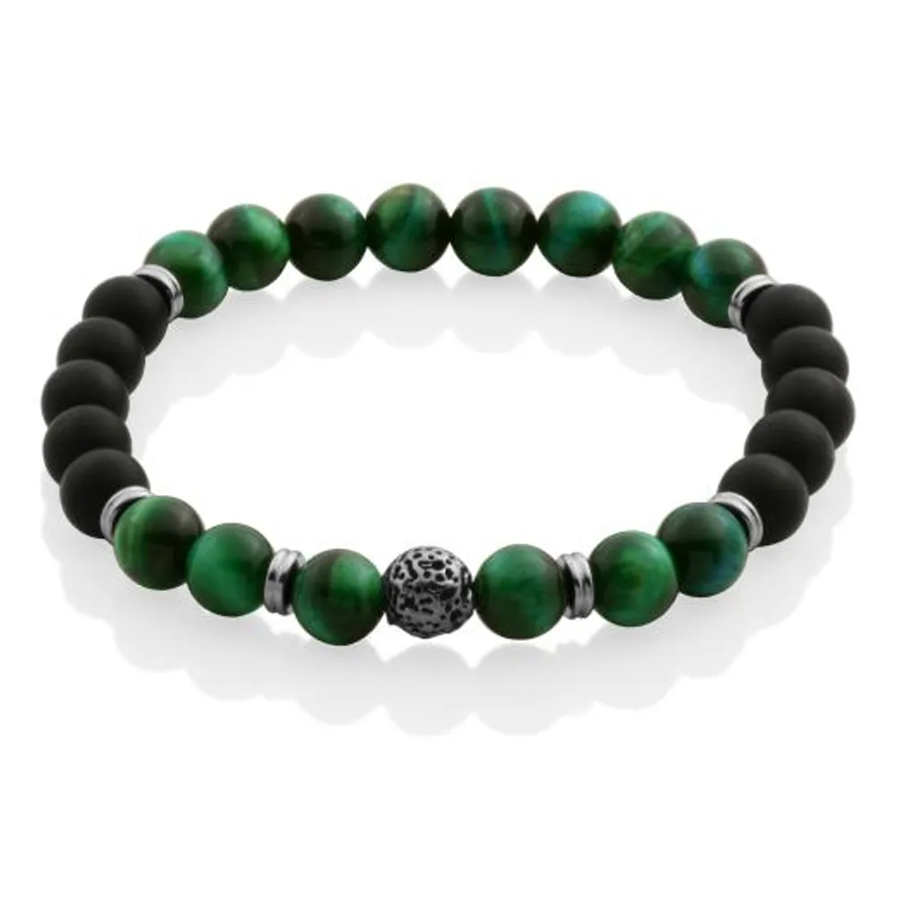 SteelX Matte Black Agate & Green Tiger's Eye Bead 8.5" Bracelet
