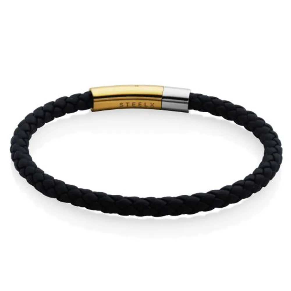 SteelX Black Leather 8.5" Bracelet with Gold Clasp