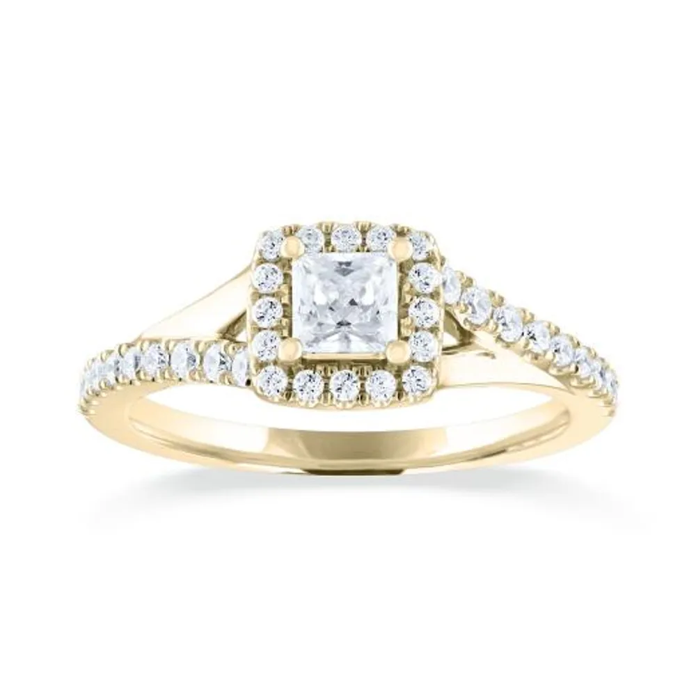 Diamond Revelations 14K Yellow Gold 0.70CTW Princess Cut Halo Ring