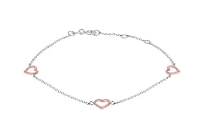 10K Rose and White Gold 7.5" 3 Stations Open Heart Bracelet