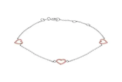 10K Rose and White Gold 10" 3 Stations Open Heart Ankle Bracelet