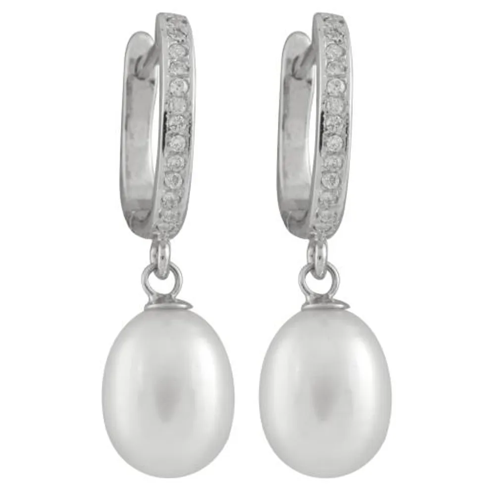 Sterling Silver 8-9mm White Freshwater Pearls & Cubic Zirconia Earrings