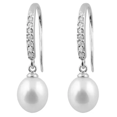 Sterling Silver 7-8mm White Freshwater Pearl & Cubic Zirconia Hook Earrings