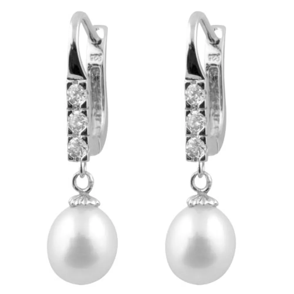 Sterling Silver -8mm Freshwater Pearls and Cubic Zirconia Earrings