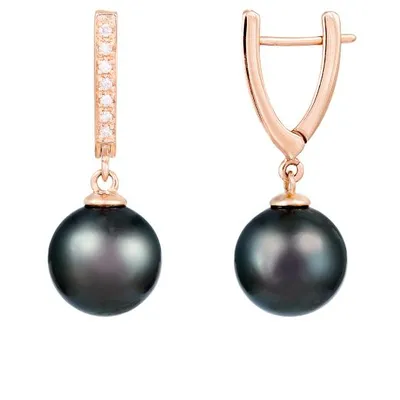 14K Rose Gold 10-11mm Round Tahitian Pearls and 0.105ctw Diamond Earrings