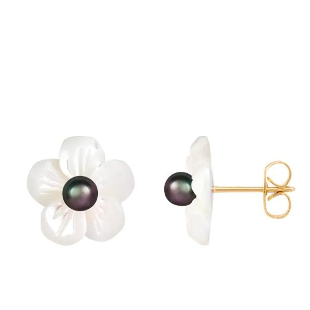 14K Yellow Gold 4-4.5mm Freshwater Pearls and 10mm Mother of Pearl Stud Earrings