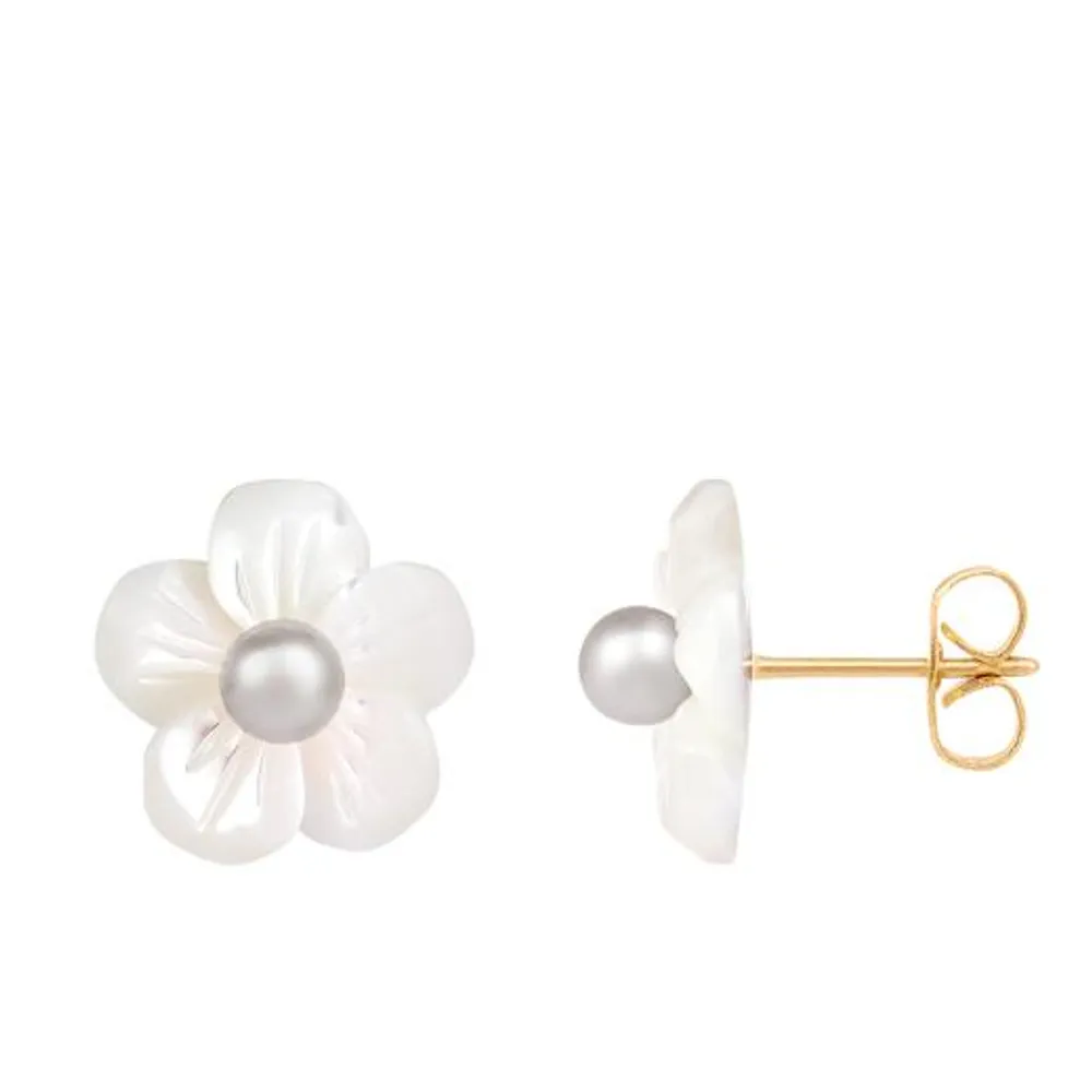 14K Yellow Gold 4-4.5mm Freshwater Pearls and 10mm Mother of Pearl Stud Earrings