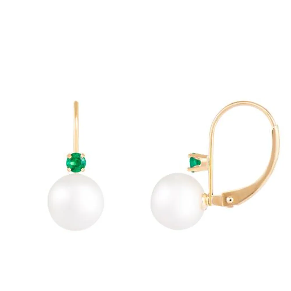 14K Yellow Gold 7-7.5mm White Freshwater Pearl and Emerald Earrings