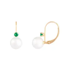 14K Yellow Gold 7-7.5mm White Freshwater Pearl and Emerald Earrings