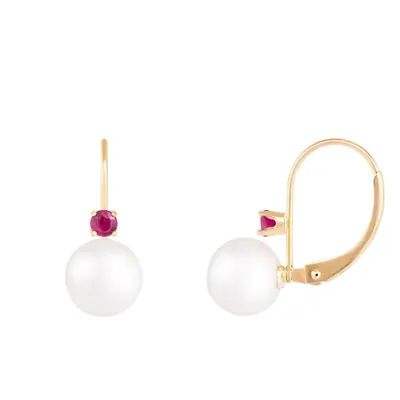 14K Yellow Gold 7-7.5mm White Freshwater Pearl and Ruby Earrings