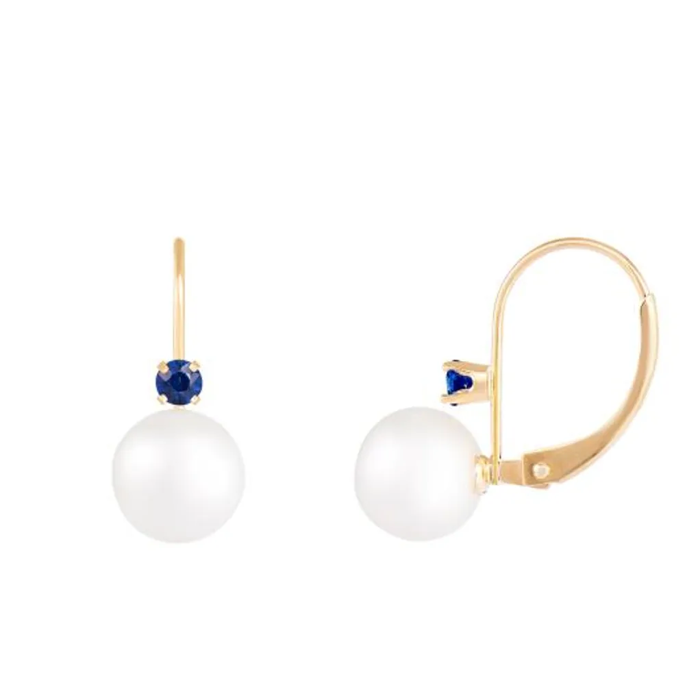 14K Yellow Gold 7-7.5mm White Freshwater Pearl and Sapphire Earrings