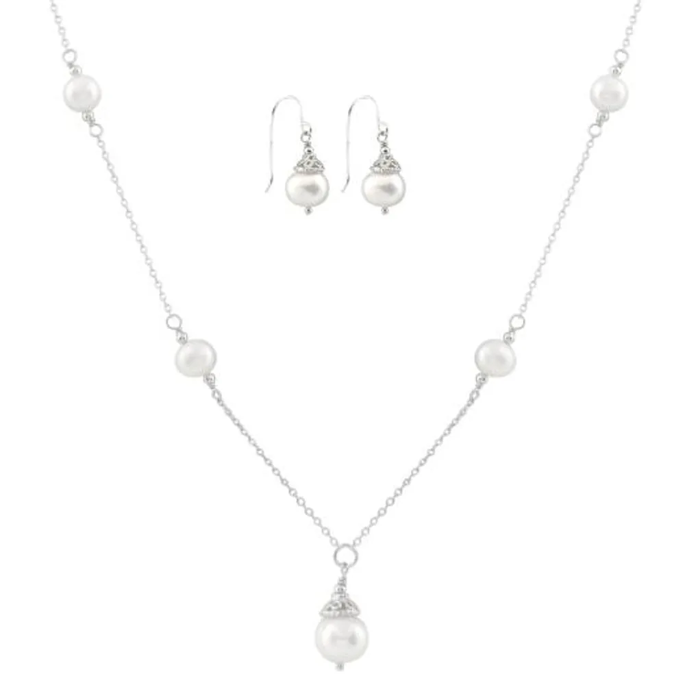 Sterling Silver White Freshwater Pearl 18" Necklace and Earrings Set