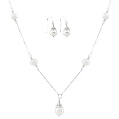 Sterling Silver White Freshwater Pearl 18" Necklace and Earrings Set