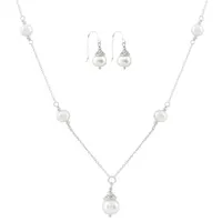 Sterling Silver White Freshwater Pearl 18" Necklace and Earrings Set