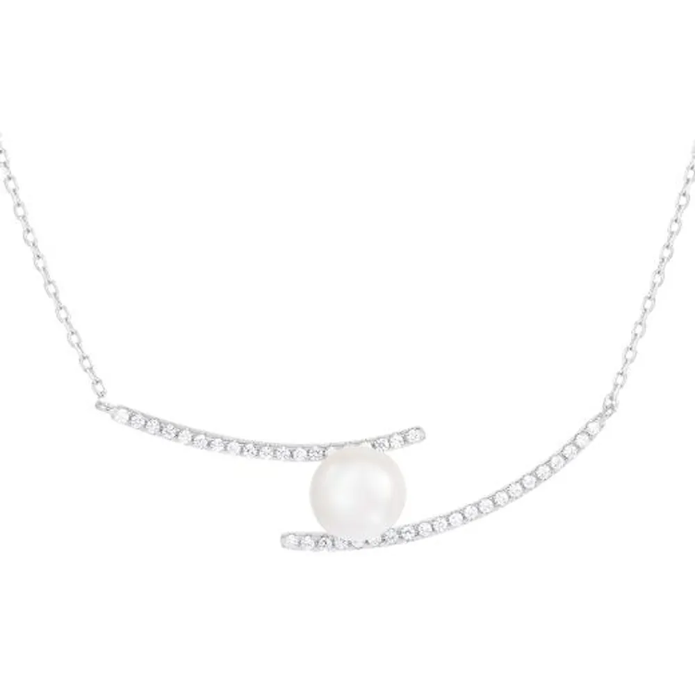 Sterling Silver 7.5-8mm Freshwater Pearls and Cubic Zirconia Necklace