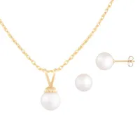 14K Yellow Gold 7-7.5mm Freshwater Pearl 2 Piece Pendant and Earring Set