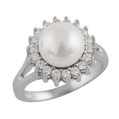 Sterling Silver 8.5-9mm White Pearl and Cubic Zirconia Ring