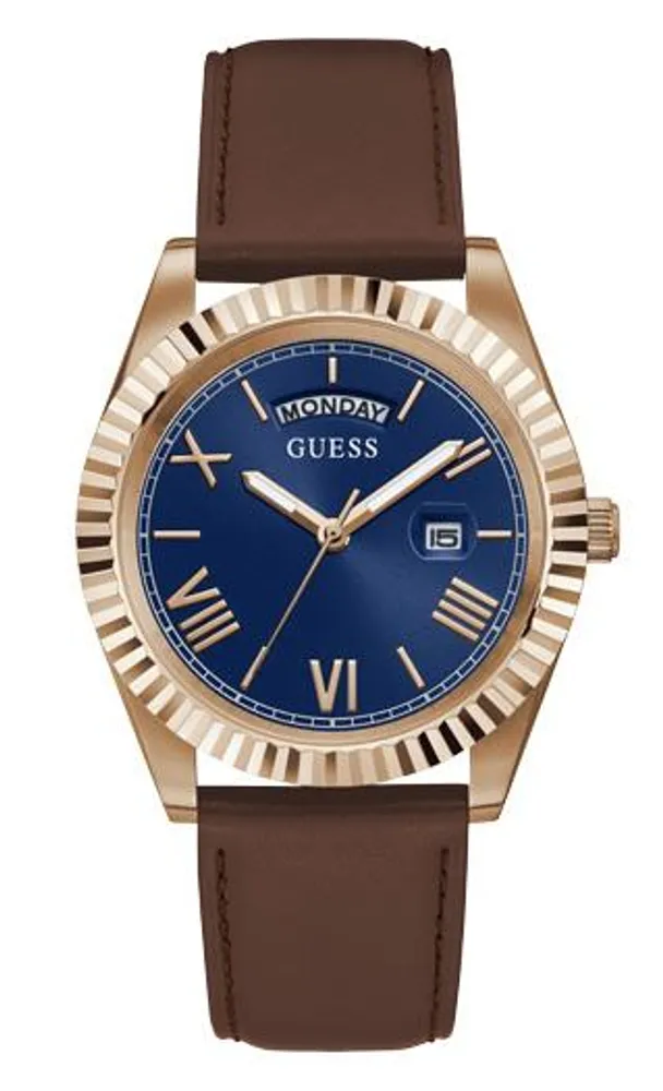 Guess Men's Rose Gold-Tone and Brown Leather Watch