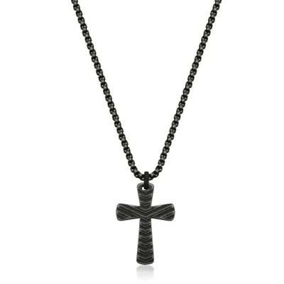 SteelX Stainless Steel 24" Antique Black Textured Cross Necklace