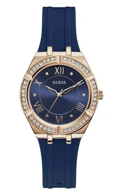 Guess Women's Rose Gold-Tone Crystal with Blue Silicone Strap Watch