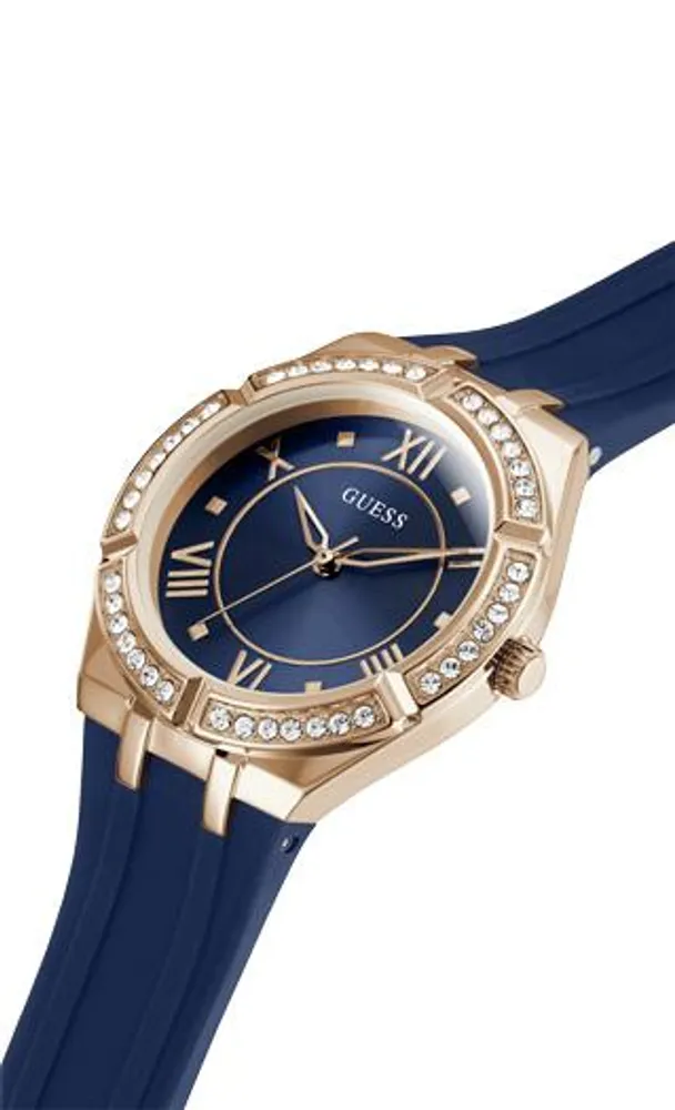 Guess Women's Rose Gold-Tone Crystal with Blue Silicone Strap Watch