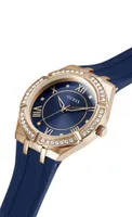 Guess Women's Rose Gold-Tone Crystal with Blue Silicone Strap Watch