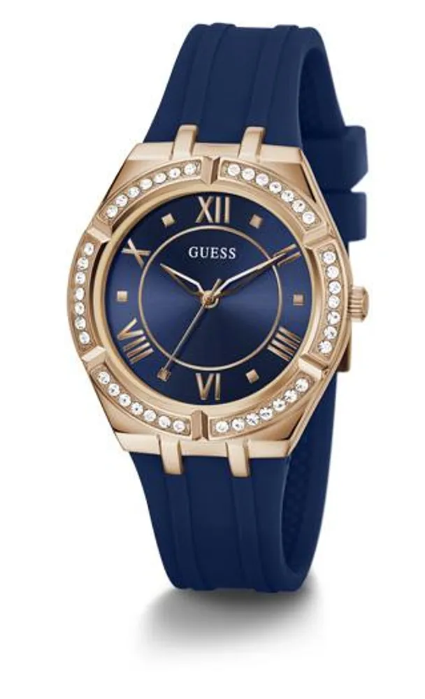 Guess Women's Rose Gold-Tone Crystal with Blue Silicone Strap Watch