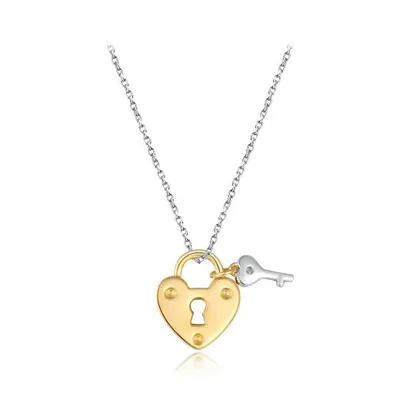 Sterling Silver Yellow Plated 19" Cubic Zirconia Heart Lock & Key Pendant
